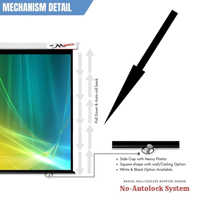 MOIZ 120 Inch Imported Fabric Wall Type Pull Down Screen Without Auto Lock Mechanism with 1080P, 3D and 4K Technology Ratio-4:3 -(8ft (W) x 6ft (H)),(White)
