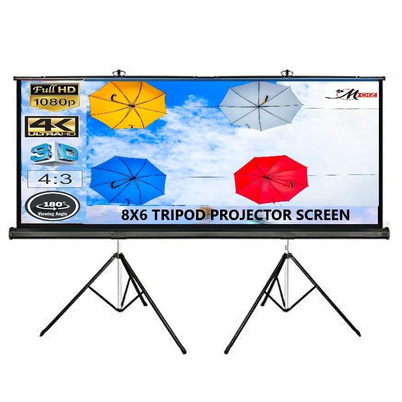 MOIZ 8 Ft. x 6 Ft. Two Tripod Projector Screen, with Full HD 1080 P, UHD-3D-4K Technology, 120 Inch Dia., 4:3 Ratio(White) Recently launched
