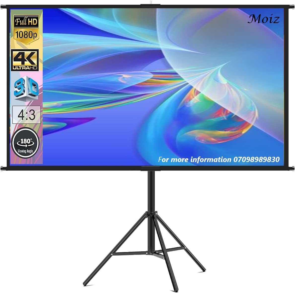 MOIZ Cineview 7 x 5 Feet Tripod Projector Screen Full HD 1080P UHD-3D-4K Technology 100 Inch Diagonal 4:3 Ratio Comes with Stand(White)