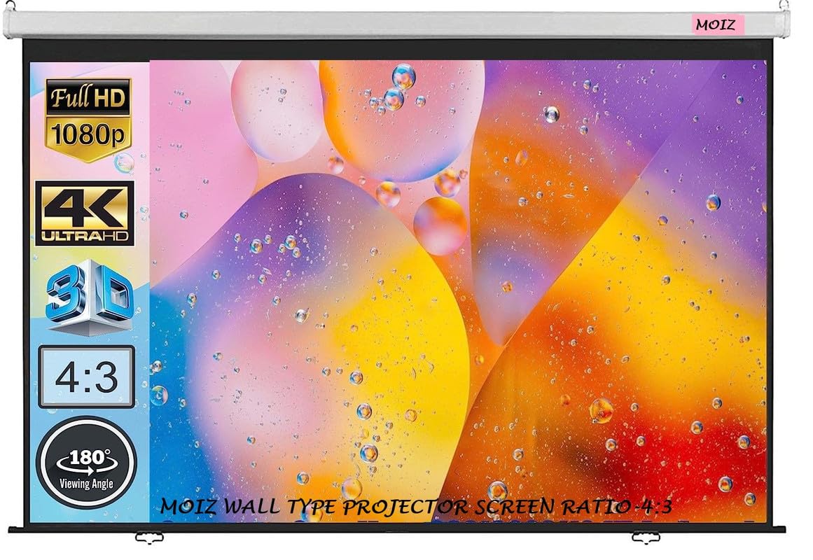 MOIZ 84 Inch Imported Fabric Wall Type Pull Down Screen Without Auto Lock Mechanism with 1080P, 3D and 4K Technology Ratio-4:3 -(6ft (W) x 4ft (H)),(White)