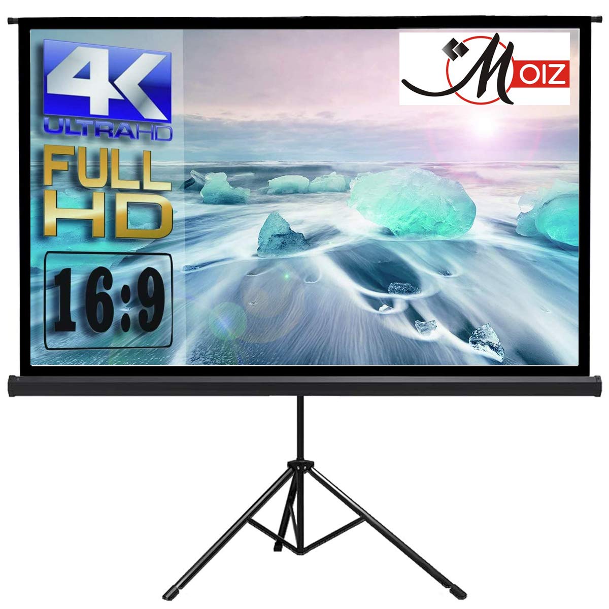 MOIZ Tripod Stand Projector Screen (80 Inch. (Width) x 45 Inch. (Height) - 92" Inch) Diagonal in 16:09 Ratio Aspect, Ultra HD, 4K Technology, Active 3D Design 01