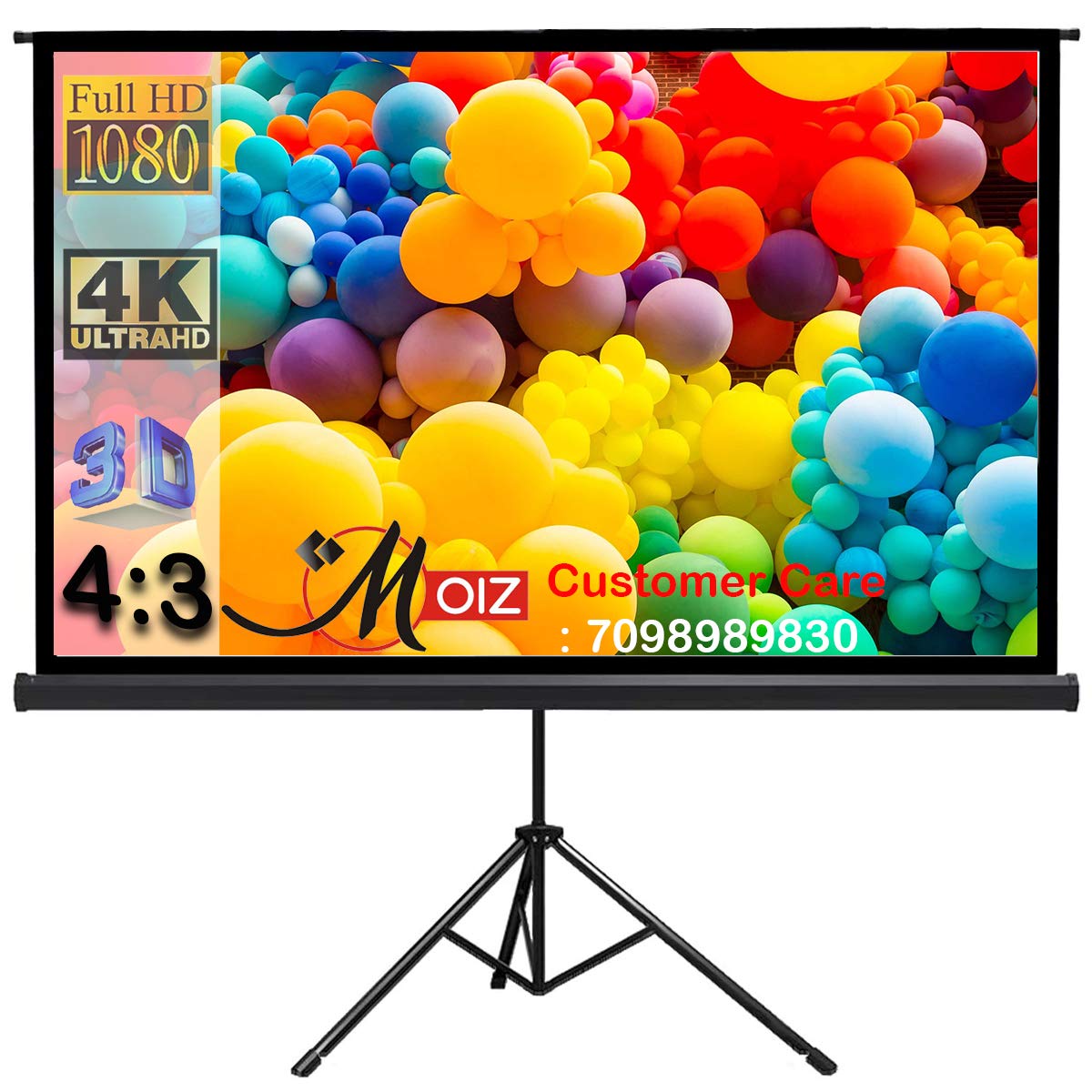 MOIZ Tripod Stand Projector Screen 6 Ft. (Width) x 4 Ft. (Height) - 84'’ Diagonal in 4:03 Ratio Aspect, Ultra HD, 4K Technology, Active 3D